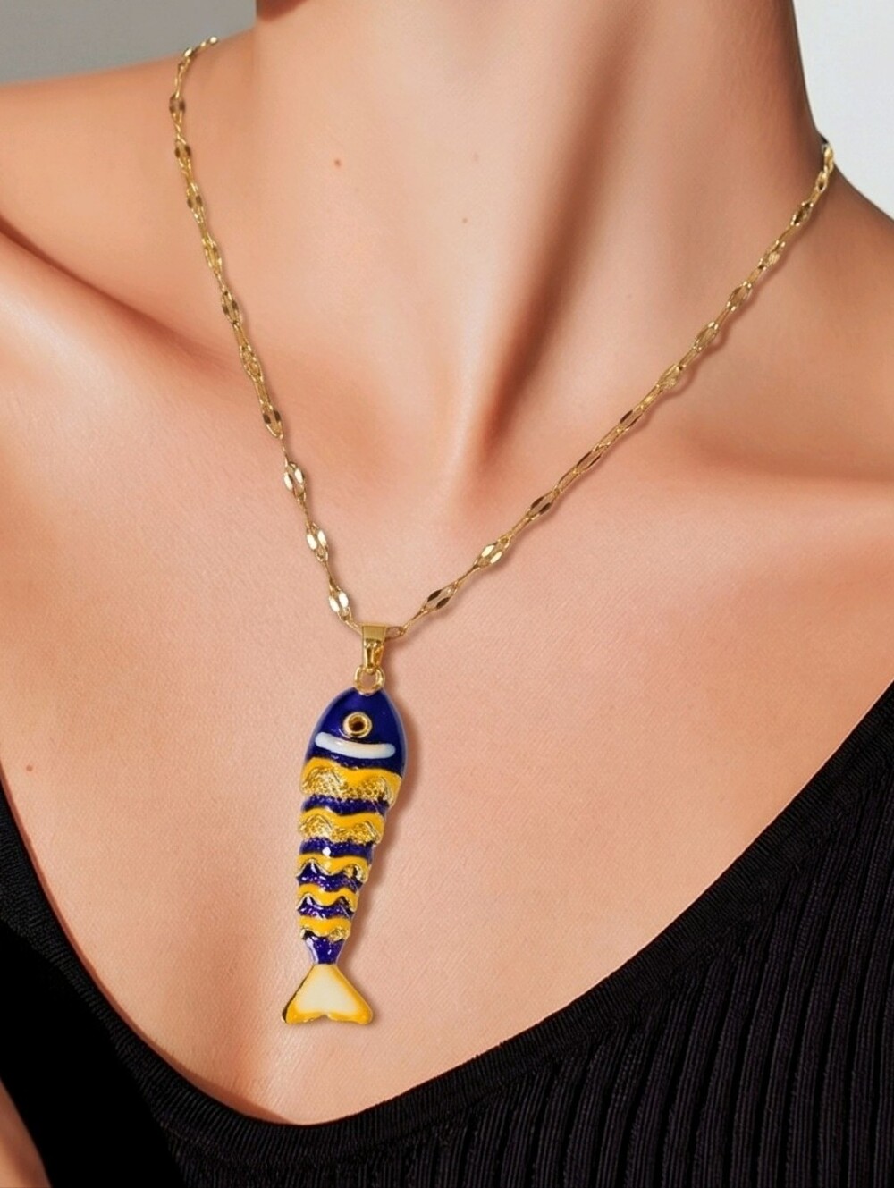 Koi Fish Necklace Enamel Gold Pendant Lucky Charm Jewelry Coastal Ocean Whimsy